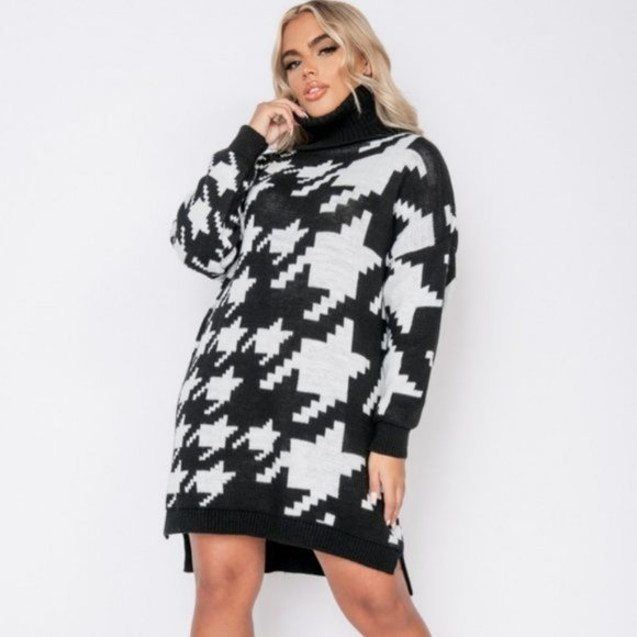 Black Knitted Houndstooth Long Sleeve Turtleneck Oversized Mini Sweater Dress - Picture 8 of 9